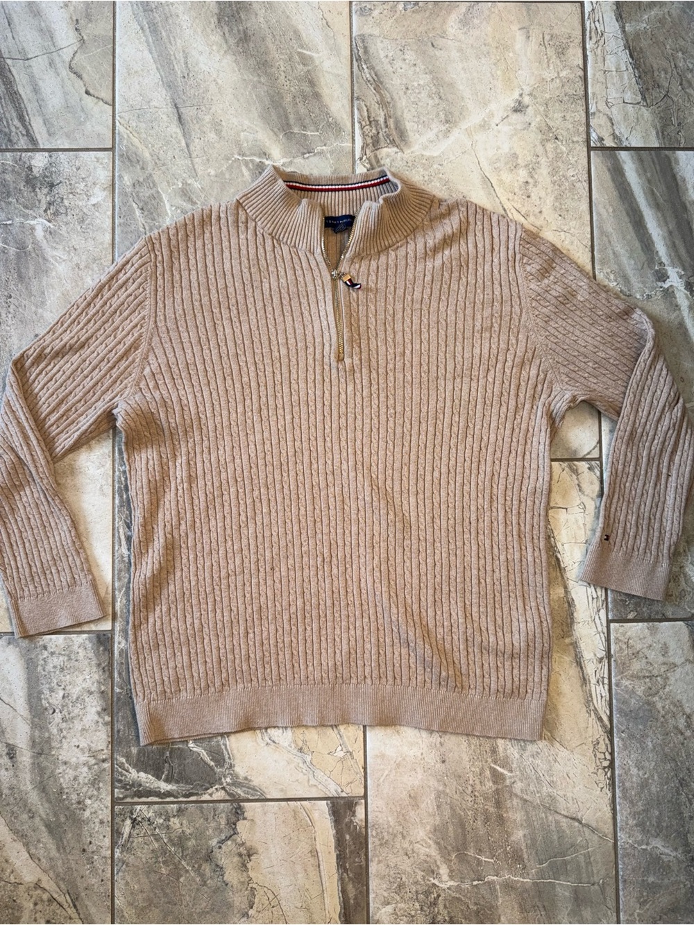 Tommy Hilfiger Men's Beige Ribbed Half-Zip Sweater